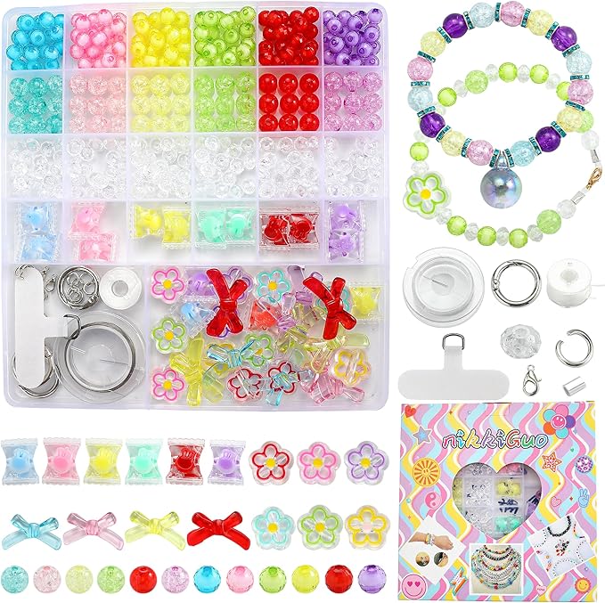 nikkiGuo 330 PCS Crackle Acrylic Beads, Jewelry Making Kit Transparent Candy Bead – Butterfly Flower Suncatcher Faceted Bicone Beads in Mixed Sizes with Wire, Clasps for DIY Bracelets, Necklaces