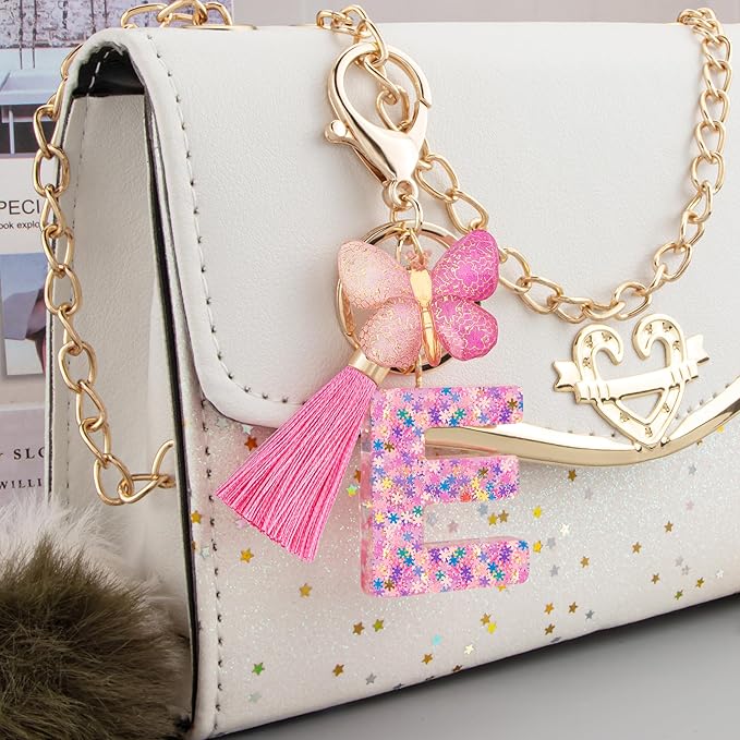 Suweibuke Cute Pink Key Chains for Women Girls, Initial Letter Keychains with Tassel, Charms for Key Purse Handbags Backpacks
