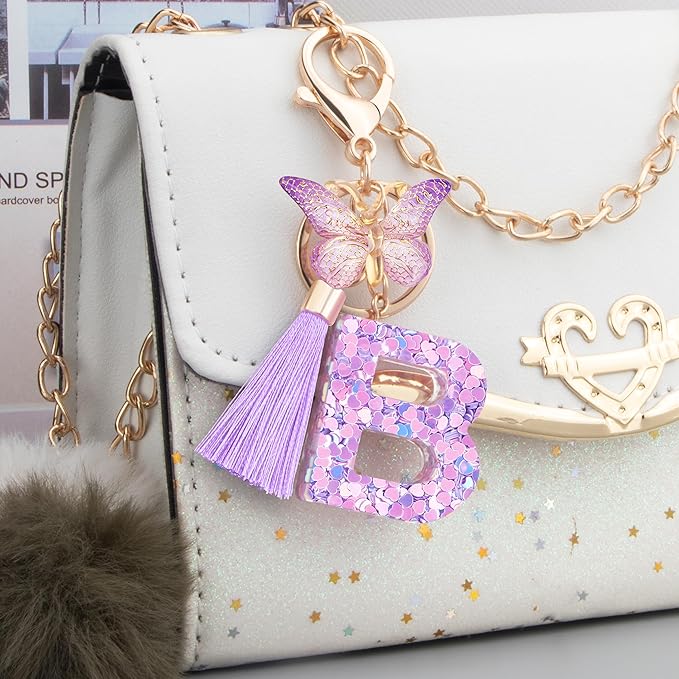 Initial letter Keychains for Women Girls Tassel Butterfly Cute Keychain for Wallet Backpack charm