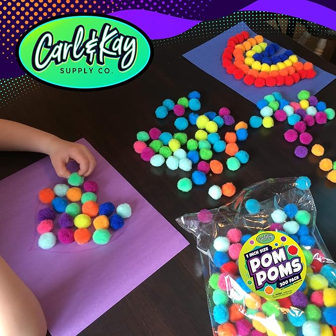 Carl & Kay [300 Pcs] 250 1 Inch Pom Poms & 50 Googly Eyes - Craft Pom Pom Balls - Pompoms for Crafts - Pom Pom for Crafts in Bright & Bold Assorted Colors - Large Pom Poms Arts and Crafts