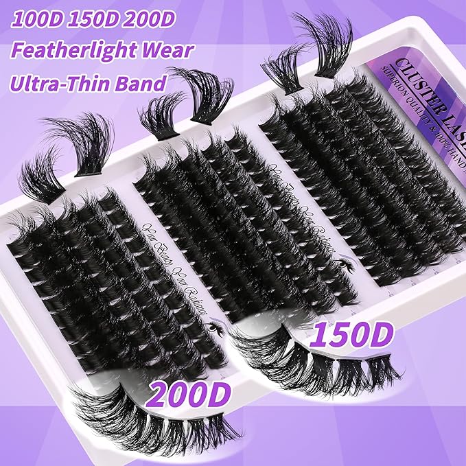 Lash Clusters 3 Densities (100D/150D/200D) Mixed Length 10-18mm DIY Eyelash Extensions Kit 210 Clusters Handmade Soft Lashes with Glue Sealant Remover & Tweezers Sensitive Eye Friendly for Daily