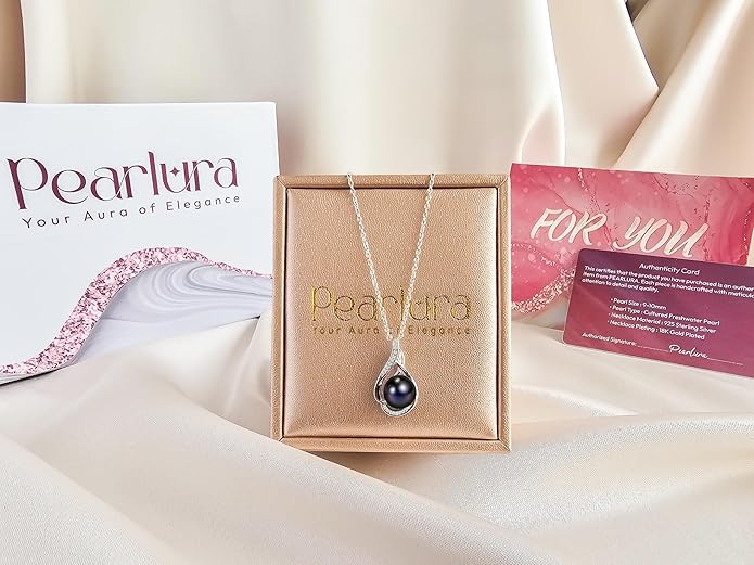 PEARLURA AAA+ 9mm Natural Black pearl necklace for women - Real pearl necklaces for women (18k gold platted 925 sterling Silver)- Wedding anniversary's gift for wife - Luxury birthday gifts for woman - Birthday gift for wife