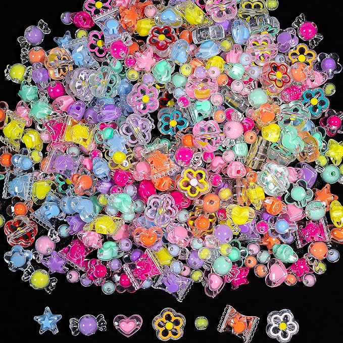 nikkiGuo 320 Piece Acrylic Bead Jewelry Making kit - Transparent Candy Colored Beads, Mixed Shape Heart-Shaped Star Flowers, 8mm/10mm/20mm, Keychain, Phone Chain DIY Craft Jewelry