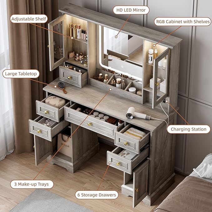 Vanity Desk with Mirror & Lights, Makeup Vanity with Power Outlet & USB Ports, Farmhouse Dressing Table, 6 Drawers & 4 Storage Cabinets, RGB Cabinet Lighting, 3-Color Dimmable Mirror
