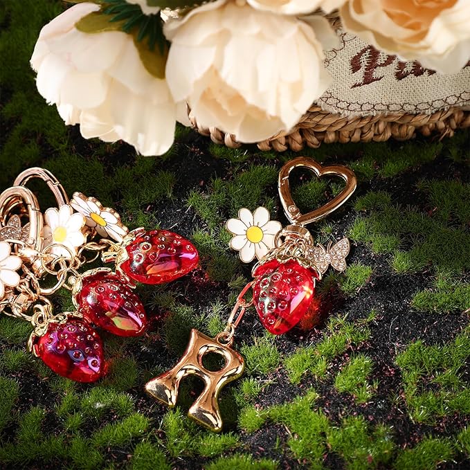 Strawberry Initial Keychain for Women-Cute Kawaii Gold Alphabet Bag Charms, Key chain Gift for Purse Handbag