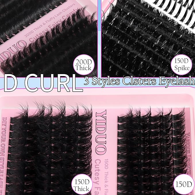 YIDUO 575Pcs Lashes Clusters Kit with Glue and Removers, D Curl Volume 150D+200D Thick+Spiky Lashes Extension, 12-21mm Thick Extension Eyelashes DIY Individual False Eyelash Kit DIY at Home Easily