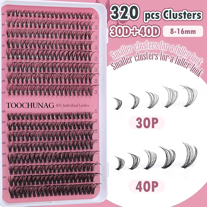 Lash Clusters 30D+40D Individual Lashes 320pcs Natural Cluster Eyelash Extensions 8-16MIX DIY Lash Extension D Curly Wispy False Eyelashes Clusters by TOOCHUNAG