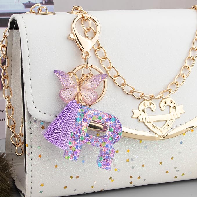 Suweibuke Cute Pink Key Chains for Women Girls, Initial Letter Keychains with Tassel, Charms for Key Purse Handbags Backpacks