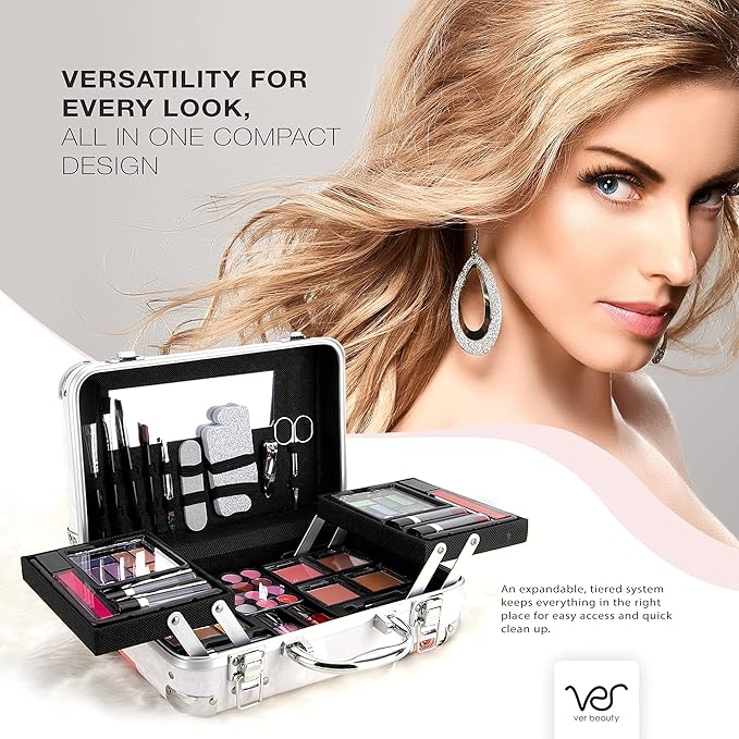 Ver Beauty Makeup Box with Travel Mirror - Professional Makeup Case w/ 2 Trays - Perfect Cosmetic Organizer Gift Set