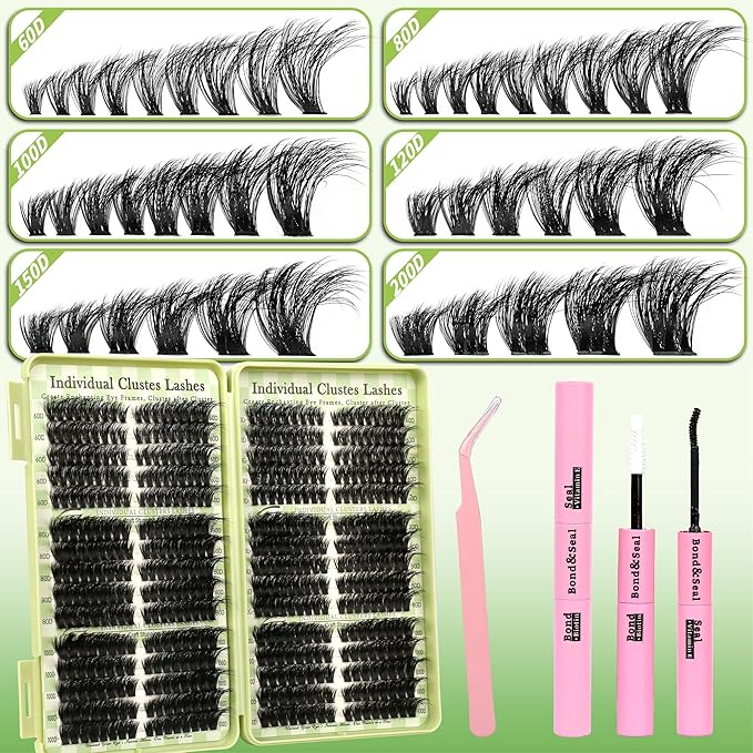 Gmagictobo Lash Clusters Fluffy 80D 100D 150D 200D C Curl Lash Clusters Kit 430Pcs DIY Cluster Eyelash Extensions Eyelash Clusters Cat Eye Lashes Clusters Eyelash Extensions Lash Glue Lash Tweezers