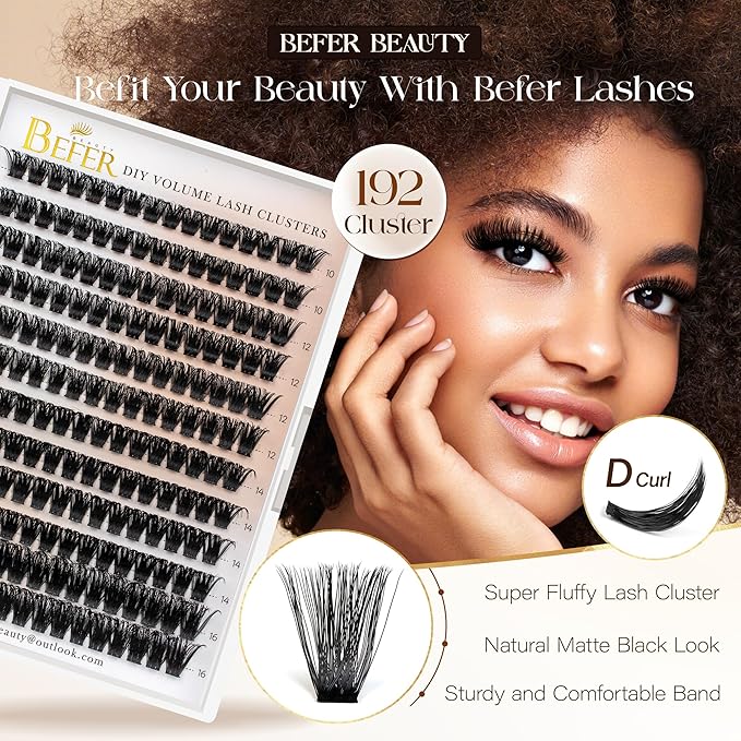 BEFER Lash Clusters, 192 Pcs D Curl Eyelash Clusters 3D Fluffy Volume Individual Lashes Extensions 10-16MM Cluster Eyelash Wispy Cluster Lashes DIY At Home(100P)