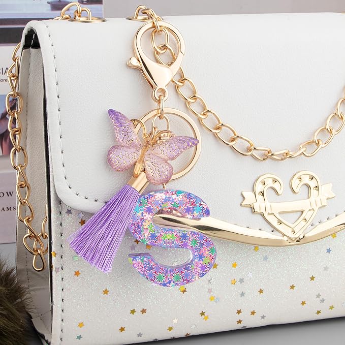 Suweibuke Cute Pink Key Chains for Women Girls, Initial Letter Keychains with Tassel, Charms for Key Purse Handbags Backpacks