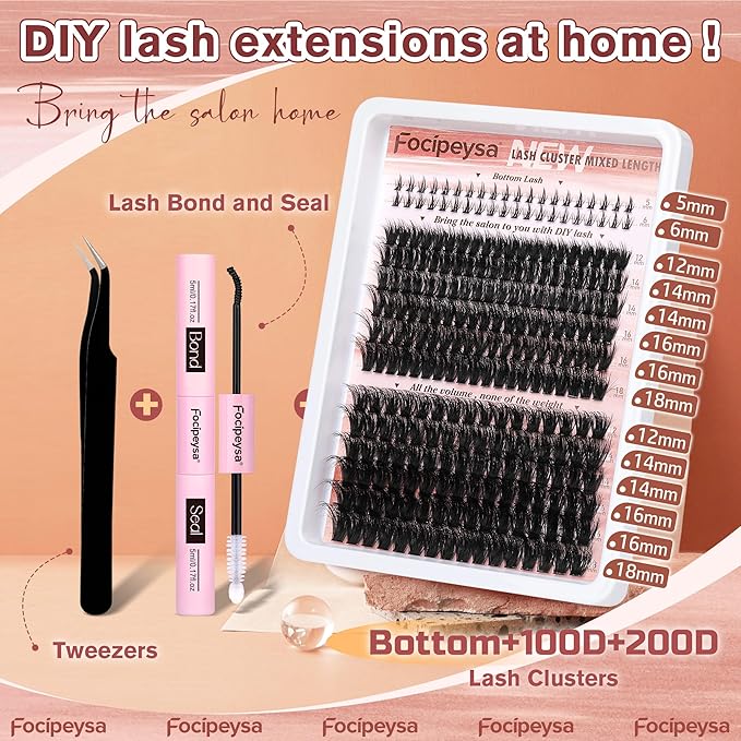 Focipeysa Lash Extension Kit Full Volume Eyelash Extension kit with Lash Bond and Seal Thick Lash Clusters DIY Lash Extensions Kit Wispy Individual Lashes 12-18mm DIY D-Curly Lash Extension