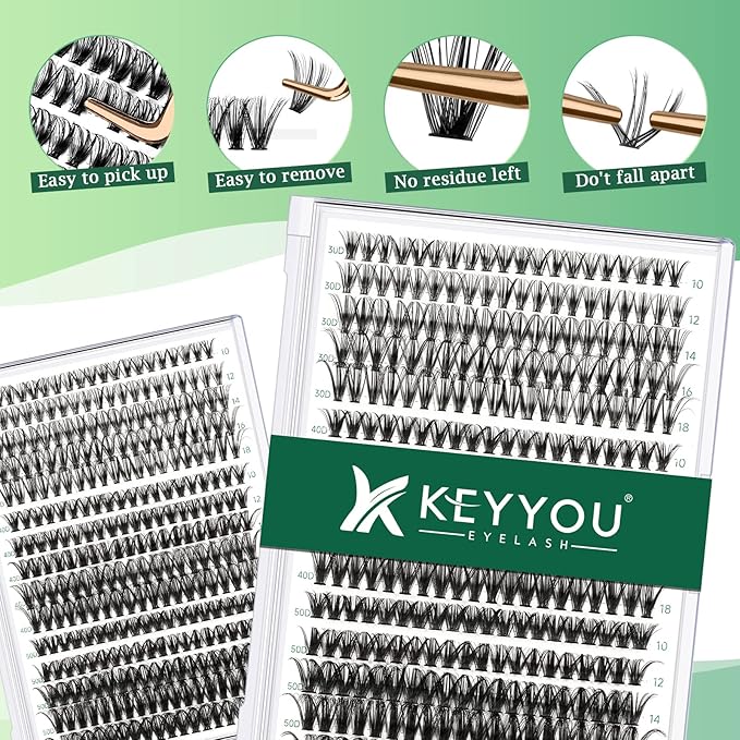 Lash Clusters 300pcs Eyelash Clusters 30D+40D+50D 0.07D Curl 10-18MIX DIY Eyelash Extension KEYYOU Large Tray Volume Soft&Natural Individual Lashes(30D40D50D-0.07D,10-18MIX）