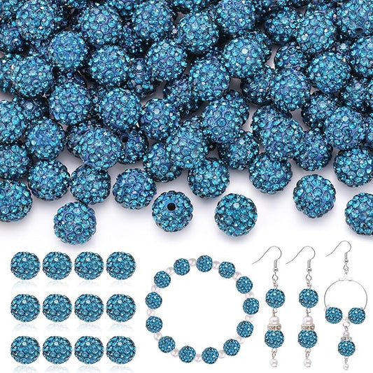 120pcs 10mm Rhinestone Beads for Jewelry Making, Blue Zircon Shiny Round Shamballa Disco Ball Beads, Sparkle Crystal Clay Christmas for Bracelet Baseball Necklace Earring Crafting and DIY
