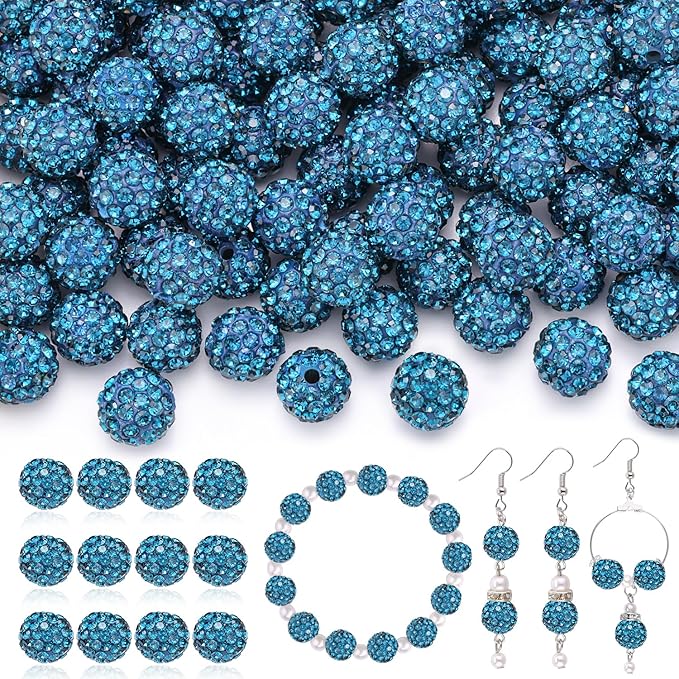 200 Pcs Blue Zircon Rhinestone Beads for Jewelry Making, Sparkle Crystal Clay Christmas for Bracelet Baseball Necklace Earring Crafting and DIY, Shiny Round Shamballa Disco Ball Beads Bulk