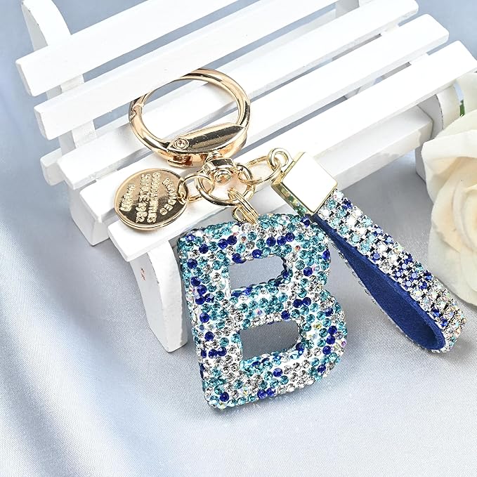 Pink Blue White Initial Letter Keychain Gift for Women Girls Bling Sparkly Cute Backpack Car Key Accessories Lanyard