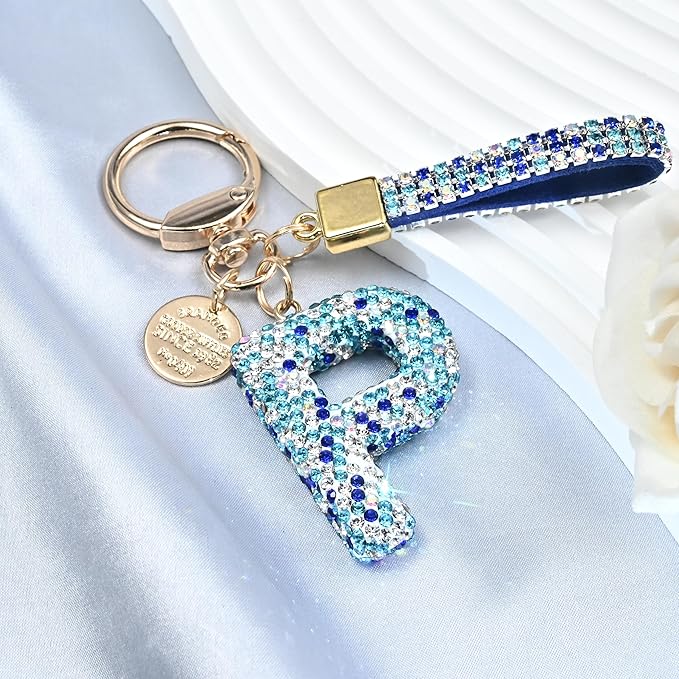 Pink Blue White Initial Letter Keychain Gift for Women Girls Bling Sparkly Cute Backpack Car Key Accessories Lanyard