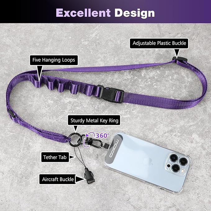 MoKo Universal Phone Lanyard, Nylon Adjustable Cell Phone Crossbody Strap Detachable Women & Men Cellphone Lanyards Around the Neck with Patches for iPhone, Most Smartphones, Dark Purple