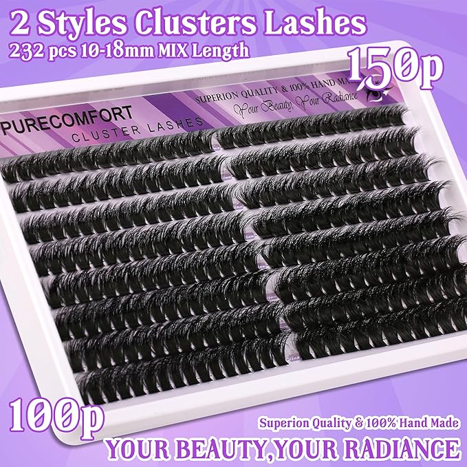 DIY Lash Extension Kit, 232 Cluster Lashes 2 Densities (100P/150P) 10-18mm Mixed Length, Knot-Free Handmade Lashes with Bond/Seal Glue, Remover & Tweezers, Beginner-Friendly for Daily & Party Looks