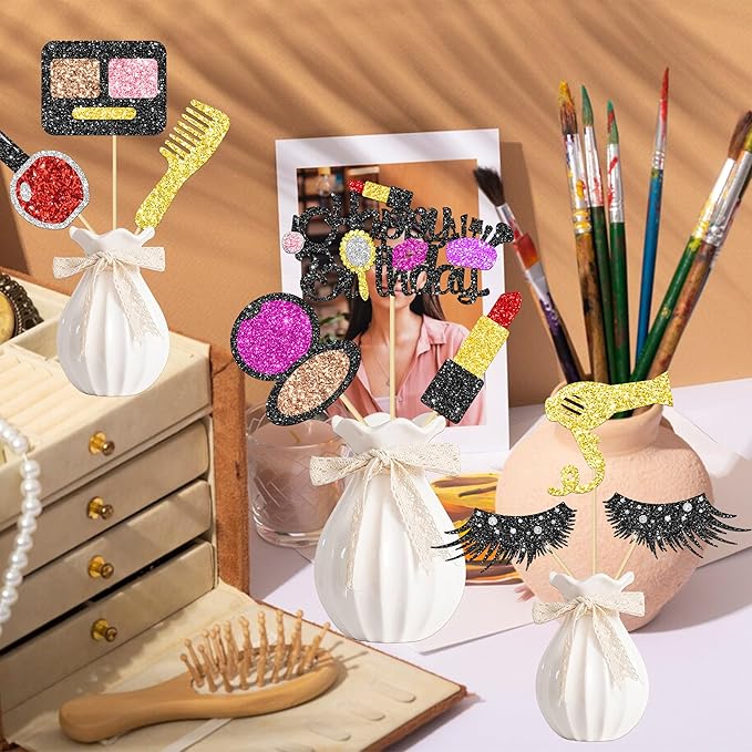 16Pcs Glitter Makeup Party Centerpiece Sticks Spa Makeup Party Decorations Cosmetics Lipstick Eyelashes Perfume Theme Table Centerpiece for Girls Women Birthday Party Party Bridal Shower Supplies