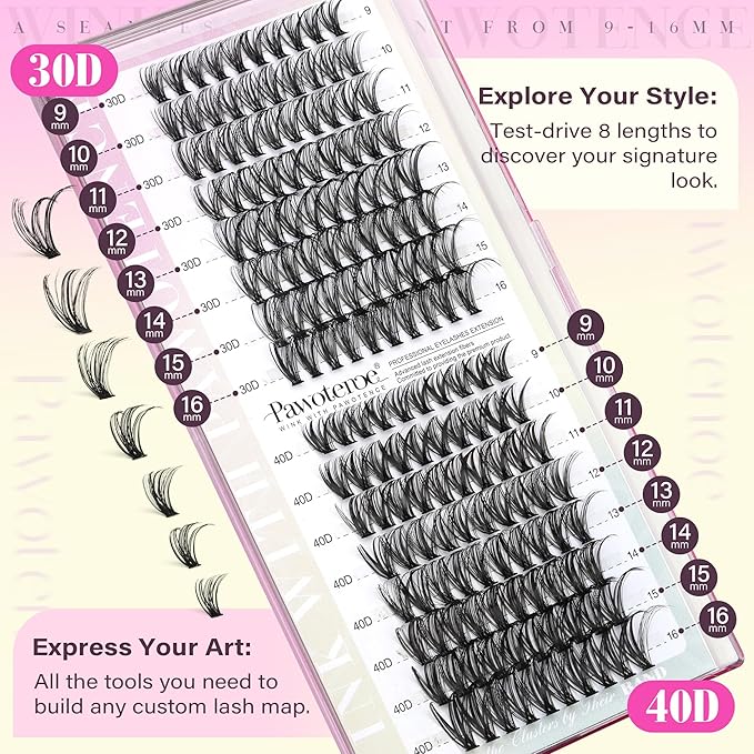 Pawotence Lash Clusters 160pcs Individual Lashes 30D 40D Cluster Eyelash Extensions 9-16mm Eyelash Clusters Lash Extensions DIY for Self Application (30D&40D, 0.07D, 9-16mm)