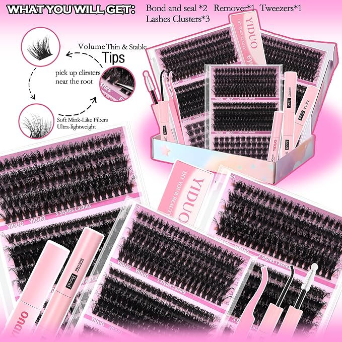 YIDUO Volume Lashes Clusters Lash Kit 770Pcs with 2X Bond&Seal 5 style Mixed C-Curl False Eyelashes Extensions Kit Faux Mink Individual Wispy Lash Clusters Thick Lash Extensions DIY at Home Easily