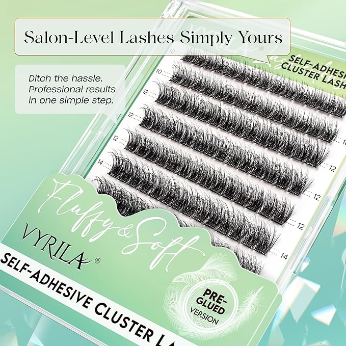 VYRILA Self-Adhesive Lash Cluster, 140pcs Pre-Glued Clusters, Pop-On Faux Eyelashes, 3D Band D Curl Natural Look Lahses, Easy to Apply, Reusable 0.05mm Eyelash Extensions (Green Muse-D-0.05-10-16mix)