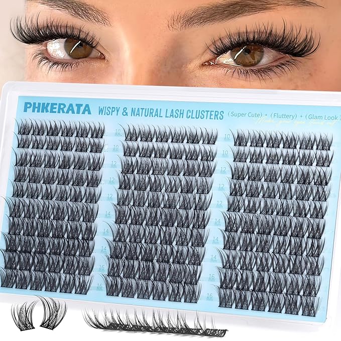 PHKERATA Wispy Lash Clusters Naural Eyelash Clusters Extensions C Curly Individual Lashes Clusters DIY Eyelash Extension with Wide Soft Thin Band,10-16MM,180Pcs