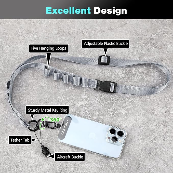 MoKo Universal Phone Lanyard, Nylon Adjustable Cell Phone Crossbody Strap Detachable Women & Men Cellphone Lanyards Around the Neck with Patches for iPhone, Most Smartphone, Dark Gray