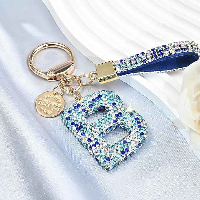 Pink Blue White Initial Letter Keychain Gift for Women Girls Bling Sparkly Cute Backpack Car Key Accessories Lanyard