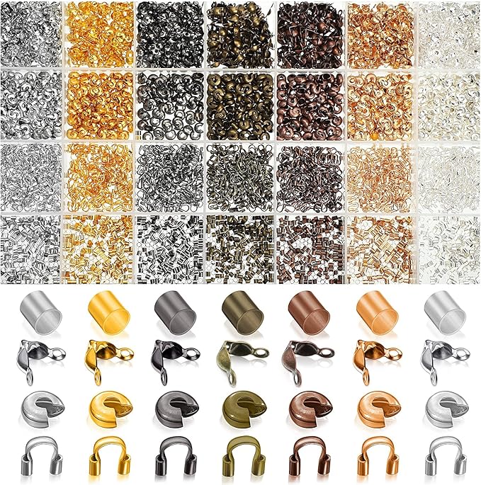 2100 Pieces Brass Tube Crimp Beads Wire Guardians Bead Tips Knot Covers for DIY Jewelry Bracelets Necklaces Making(Assorted Colors)