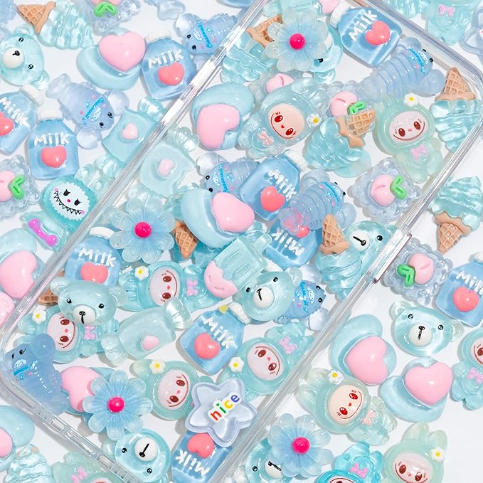Charms 100PCS Mixed Kawaii Flatback Resin Charms for Crafts, Cabochon for DIY Projects, Slime Charm, Resin Art, Scrapbooking, Phone Case & Accessories (Blue)