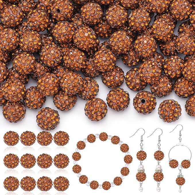 200 Pcs Brown Rhinestone Beads for Jewelry Making, Sparkle Crystal Clay Christmas for Bracelet Baseball Necklace Earring Crafting and DIY, Shiny Round Shamballa Disco Ball Beads Bulk