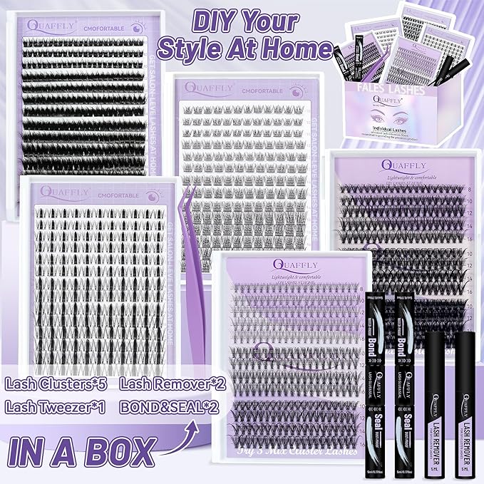 QUAFFLY Lash Clusters Kit Multiple Styles Mixed Length Eyelash Set Includes 2 Lash Bond and Seal & 2 Lash Remover 1 Tweezers For DIY Lash Extensions Kit At Home