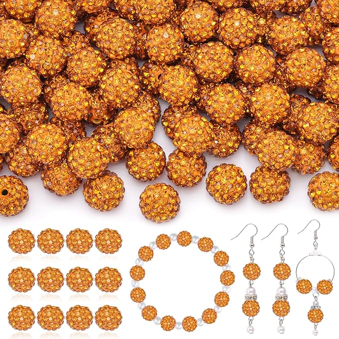 120pcs 10mm Rhinestone Beads for Jewelry Making, Golden Shiny Round Shamballa Disco Ball Beads Bulk, Sparkle Crystal Clay Christmas for Bracelet Baseball Necklace Earring Crafting and DIY