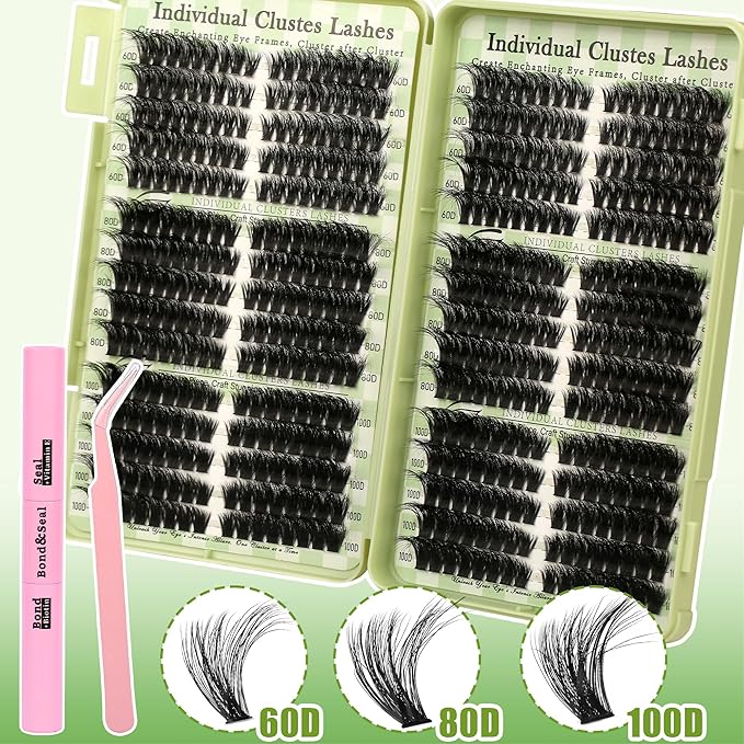 Gmagictobo Lash Clusters Kit Natural Cat Eye Lash Clusters Fluffy Volume 520Pcs DIY Individual Lashes Clusters Lash Extension Kit Thin Band Wispy Eyelash Clusters Lash Bond and Seal Lash Tweezers