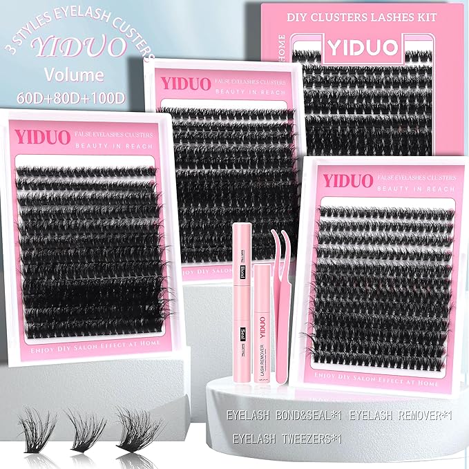YIDUO Volume Lashes Cluster Kit 60D+80D+100D Clusters Lash Eyelashes Kit 696Pcs Bulk Packs, D Curl Wispy 10-18mm DIY Individual Eyelash Extensions Wholesale Combo Pack with Glue|Tweezers|Removers