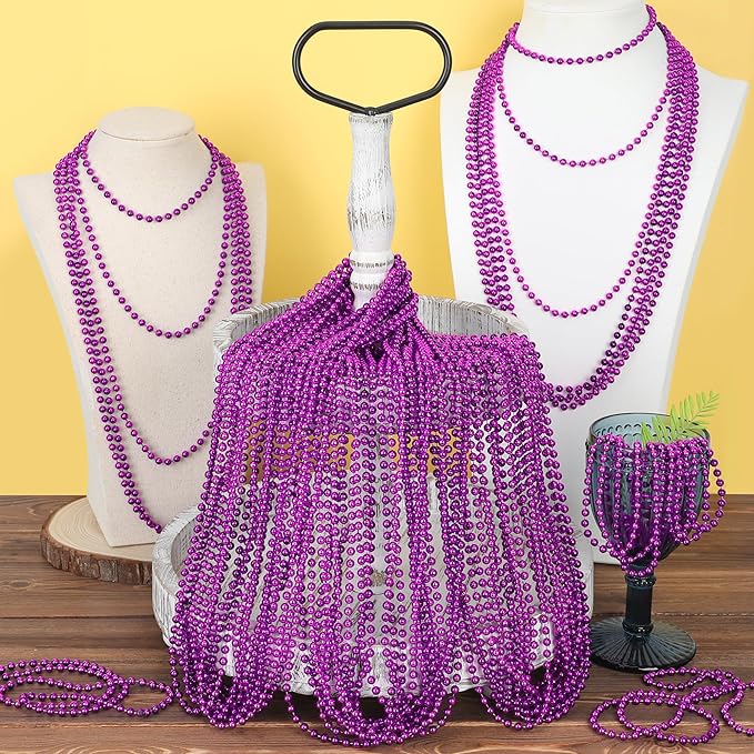 EOBOH 200PCS Mardi Gras Beads, Purple Bead Necklace Party Favors, 33" Holiday Halloween Necklaces Party Parade Throw Accessories, Mardi Gras Halloween Wedding Birthday Celebrations Decorations Bulk