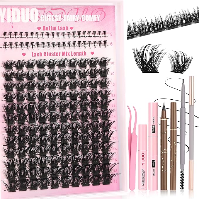 YIDUO Thick Manga Lash Clusters with Bottom Clusters Lashes Extensions Kit 10-18mm Wispy Volume Anime Eyelashes Clusters Kit with Bond and Seal|Eye Liner|Waterproof Eyebrow, DIY Lash Extension Kit