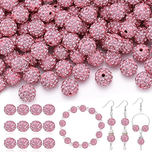 120pcs 10mm Rhinestone Beads for Jewelry Making, Pink Shiny Round Shamballa Disco Ball Beads Bulk, Sparkle Crystal Clay Christmas for Bracelet Baseball Necklace Earring Crafting and DIY