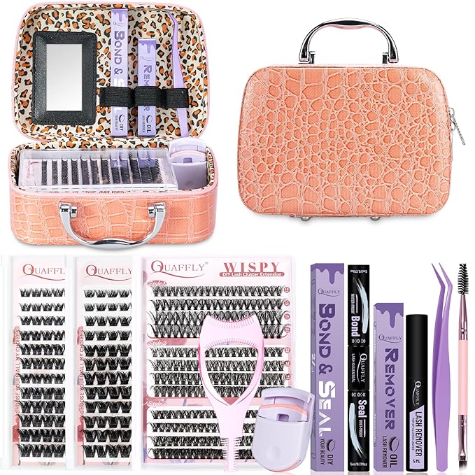 Lash Extension Kit, 516Pcs Individual Cluster Eyelash Extensions with Lash Bond&Seal Remover Tweezer Brush Lash Curler Lash Assistant Stylish Portable Makeup Bag DIY Lash Extensions at Home