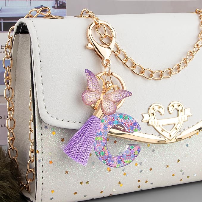 Suweibuke Cute Pink Key Chains for Women Girls, Initial Letter Keychains with Tassel, Charms for Key Purse Handbags Backpacks