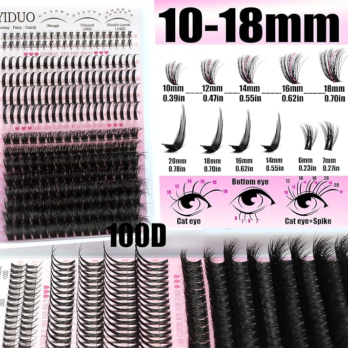 YIDUO Lash Clusters Kit with Spikes Bottom clusters Eyelash Extensions 808Pcs with 2X Bond&Seal 60D/80D/100D 3D Volume D Curl Wispy DIY Individual Lashes Large Pack for Beginners Choice