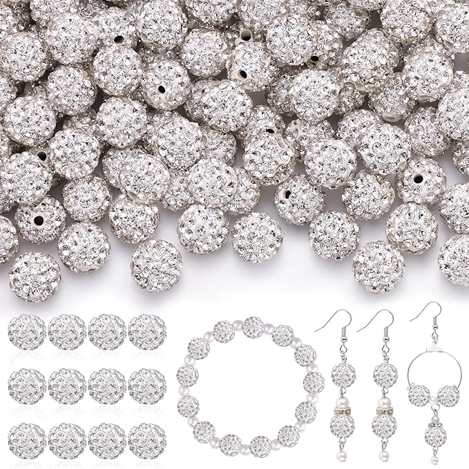 200 Pcs White Rhinestone Beads for Jewelry Making, Sparkle Crystal Clay Christmas for Bracelet Baseball Necklace Earring Crafting and DIY, Shiny Round Shamballa Disco Ball Beads Bulk