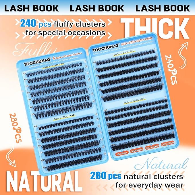 TOOCHUNAG Fluff Lash Clusters 520pcs Individual Lashes Cluster Eyelash Extensions Wispy DIY Eye Lash Extension Thick Volume Curly Eyelash Clusters(8-18mm,4 Styles)