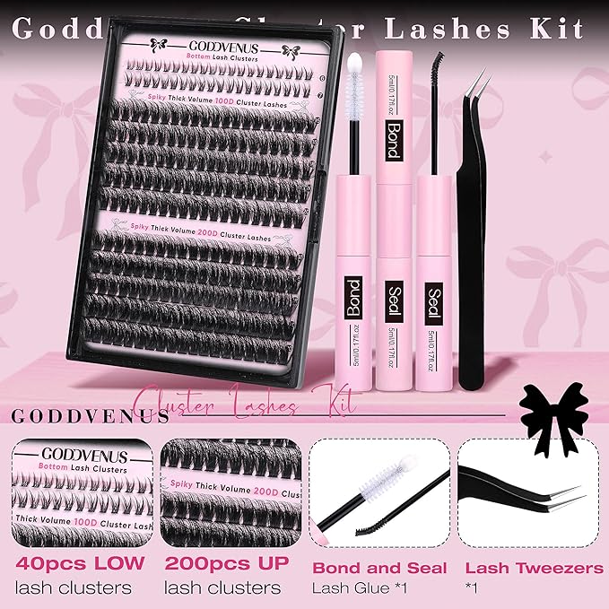 Goddvenus Fluffy Eyelash Clusters Kit Waterproof DIY Lashes Extension Kit Wispy Volume D Curl Cluster Eyelash Extensions Kit Mink Individual Lashes Kits with Bottom Eyelashes (Volume 240pcs D Curl)