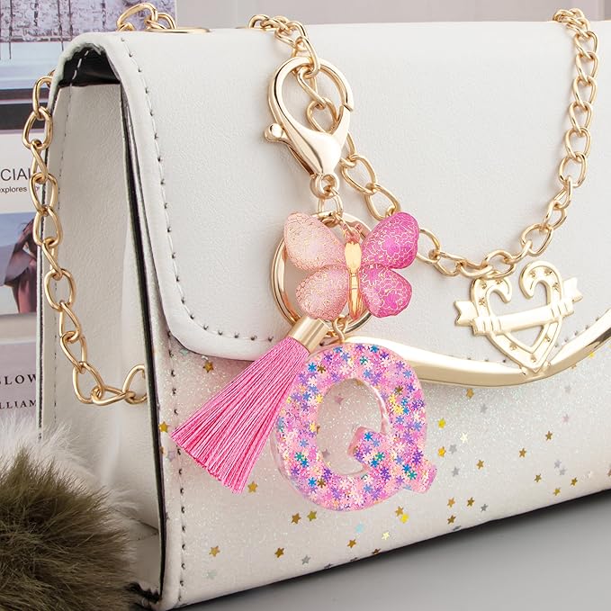 Suweibuke Cute Pink Key Chains for Women Girls, Initial Letter Keychains with Tassel, Charms for Key Purse Handbags Backpacks