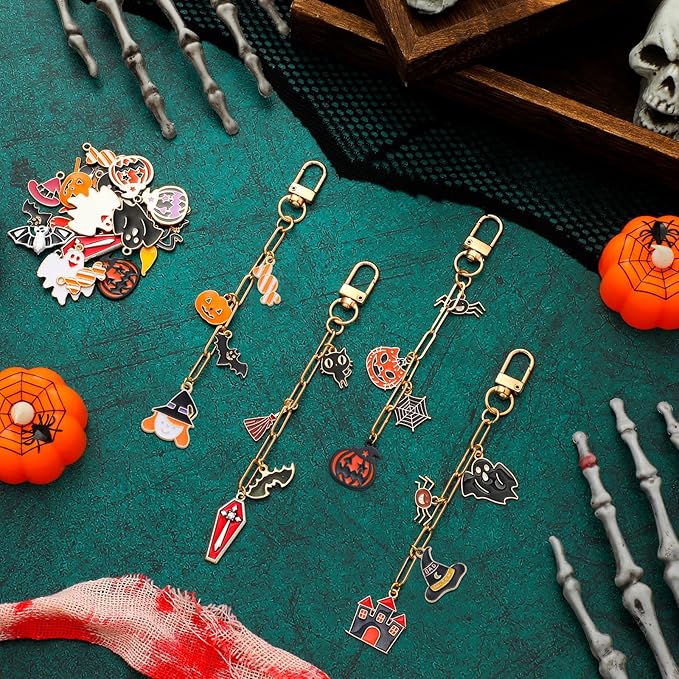 Tondiamo 266 Pieces Halloween DIY Gold Keychain Making Kit Bat Witch Hat Bag Charm Jewelry Making Pumpkin Ornaments Bulk for Key Ring Art Adults Women Bag Gift
