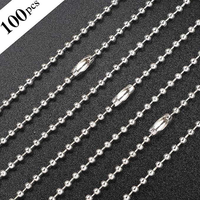 SANNIX 100Pcs Ball Beads Chain, Bulk Dog Tag Metal Chain, 4.72 Inches Ball Chain Keychains with Connectors (Silver)